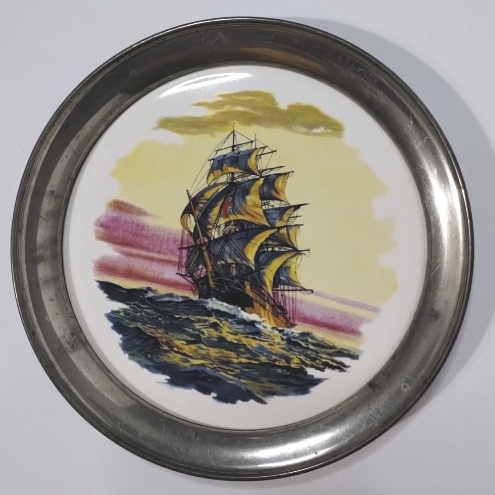 Vintage Trivet GARDEN Pewter Rim Round Ceramic Tile w Sailing Ship Cork Back